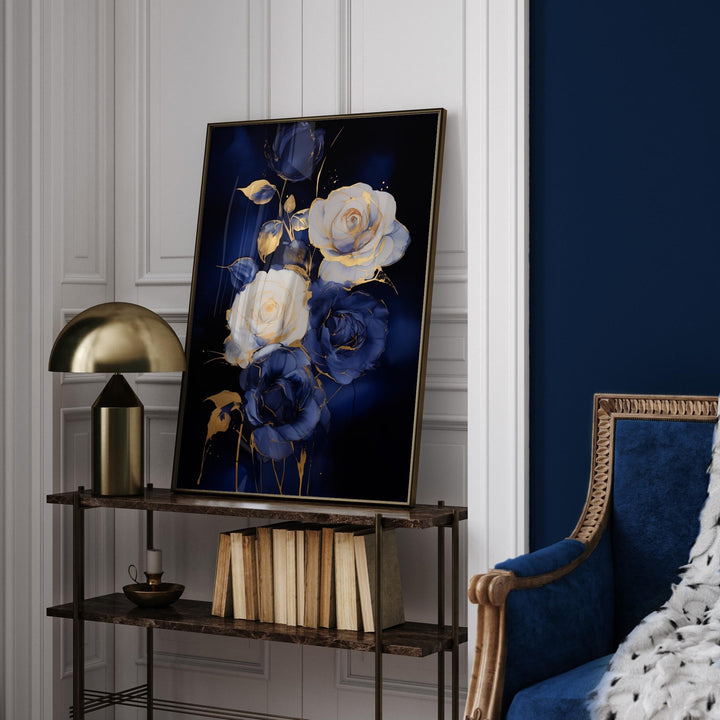 Gold and Blue Rose Art Print | Abstract Floral Wall Art | Elegant Decor for Office or Living Room