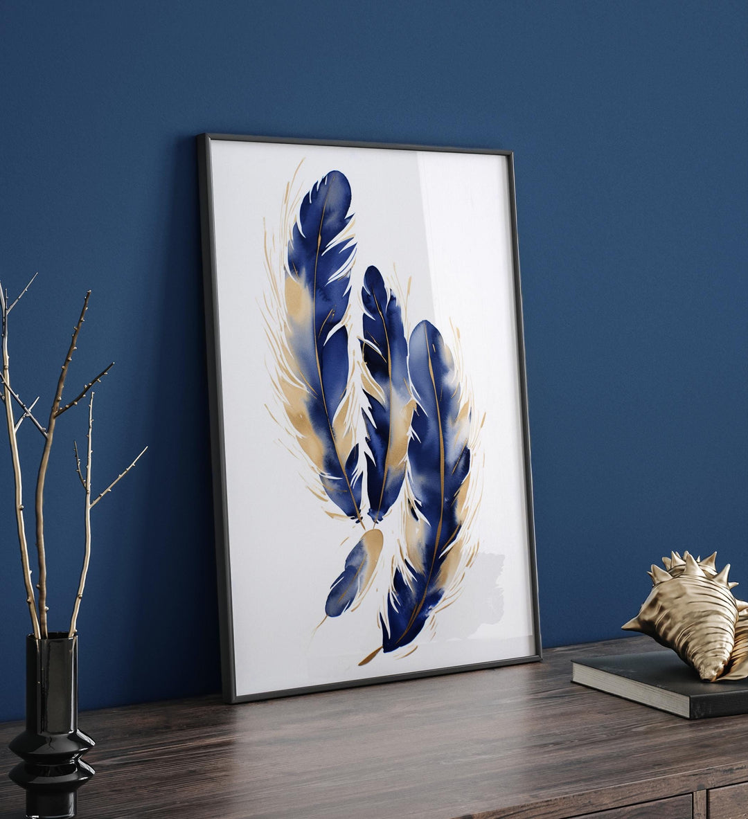Blue and Gold Feather Wall Art | Abstract Nature Wall Art | Elegant Decor for Bedroom Or Study