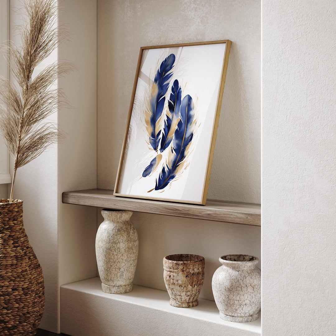 Blue and Gold Feather Wall Art | Abstract Nature Wall Art | Elegant Decor for Bedroom Or Study