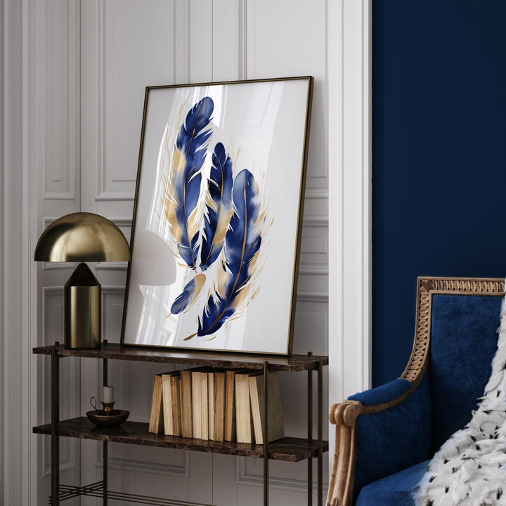 Blue and Gold Feather Wall Art | Abstract Nature Wall Art | Elegant Decor for Bedroom Or Study